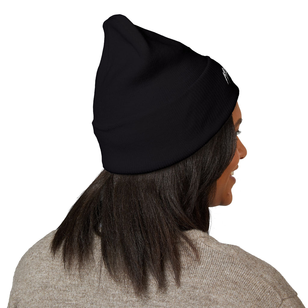 Embroidered Cuffed Beanie — Minimal Script Logo Knit Hat