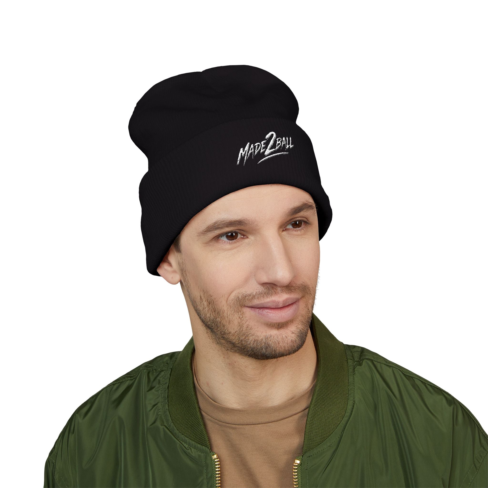 Embroidered Cuffed Beanie — Minimal Script Logo Knit Hat