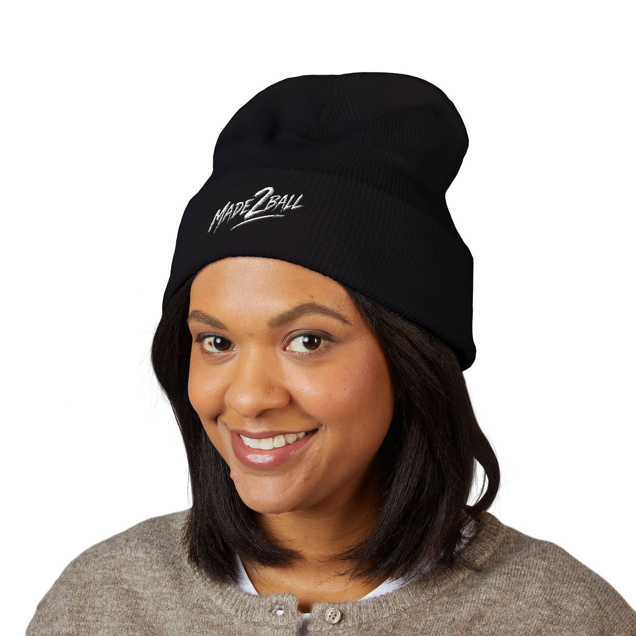 Embroidered Cuffed Beanie — Minimal Script Logo Knit Hat